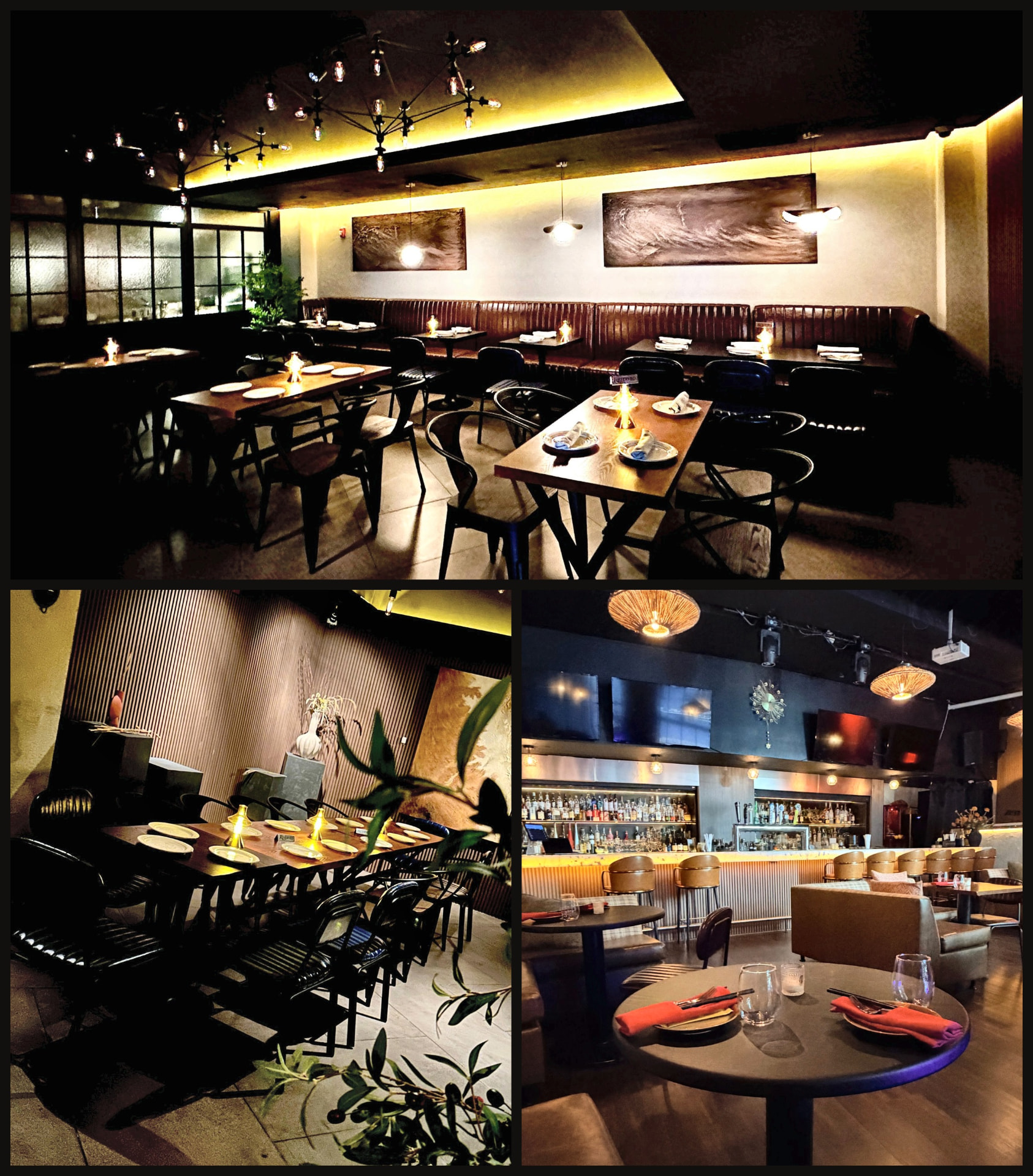 Collage of the whole venue: main dining room, private table nook and bar